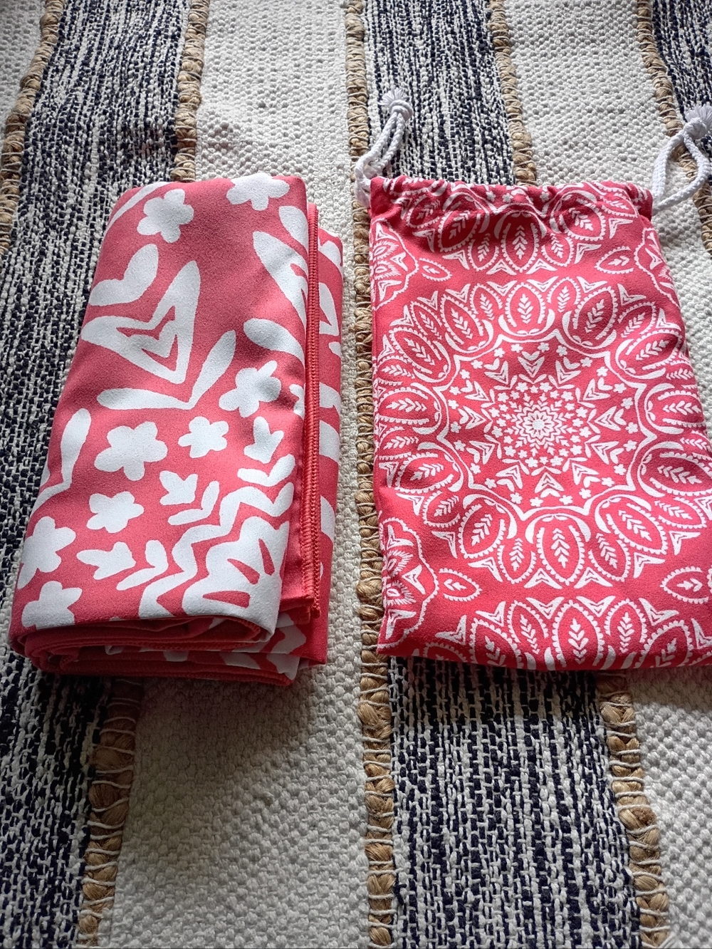 Coral and White Patterned Beach Towel with Drawstring Pouch